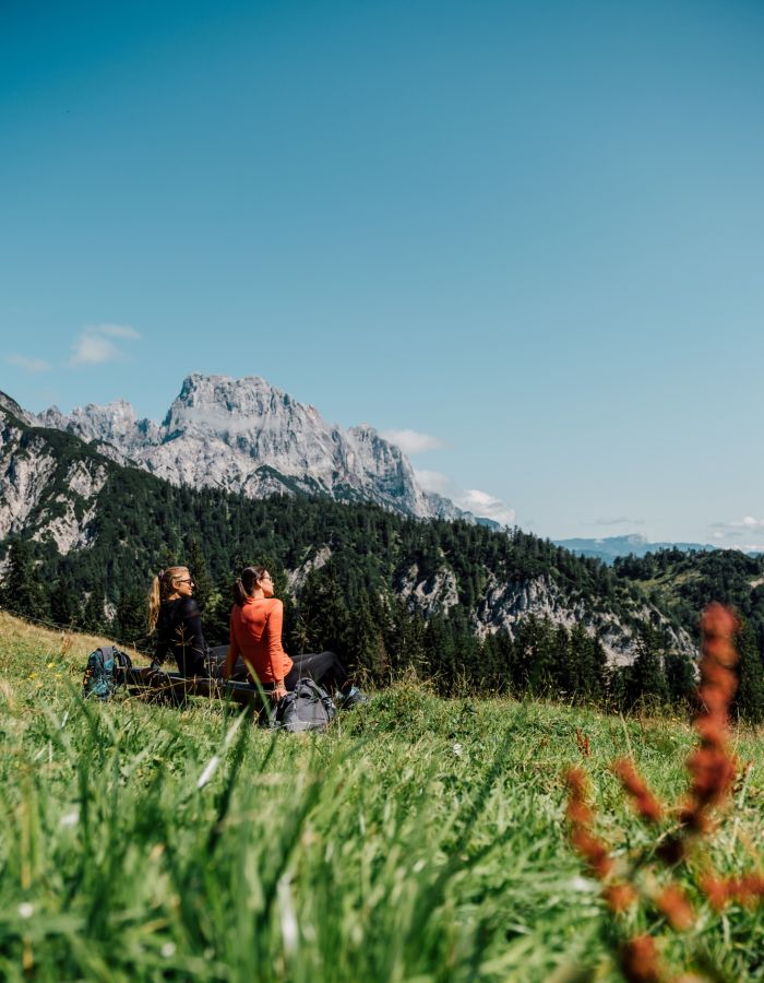 Wanderer auf einer Blumenwiese im Salzburger Saalachtal